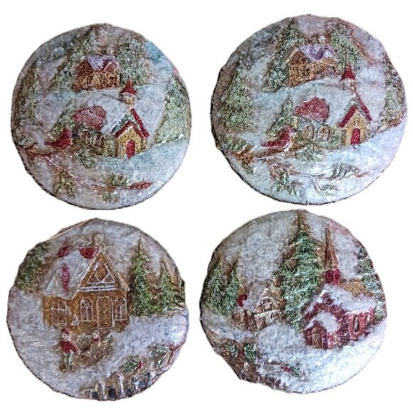 Vtg Church Ornaments, Disc, Glitter Frosted, 2 sided, set of 4 - Picture 1 of 6